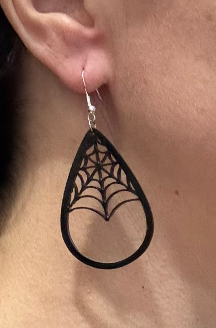 Black Acrylic Spider Web Earrings – Laser Cut Halloween Jewelry