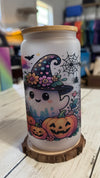 Frosted Glass Halloween Tumbler with Bamboo Lid & Straw – Cute Ghost, Pumpkins & Witch Hat Design
