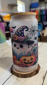 Frosted Glass Halloween Tumbler with Bamboo Lid & Straw – Cute Ghost, Pumpkins & Witch Hat Design