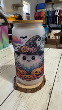 Frosted Glass Halloween Tumbler with Bamboo Lid & Straw – Cute Ghost, Pumpkins & Witch Hat Design