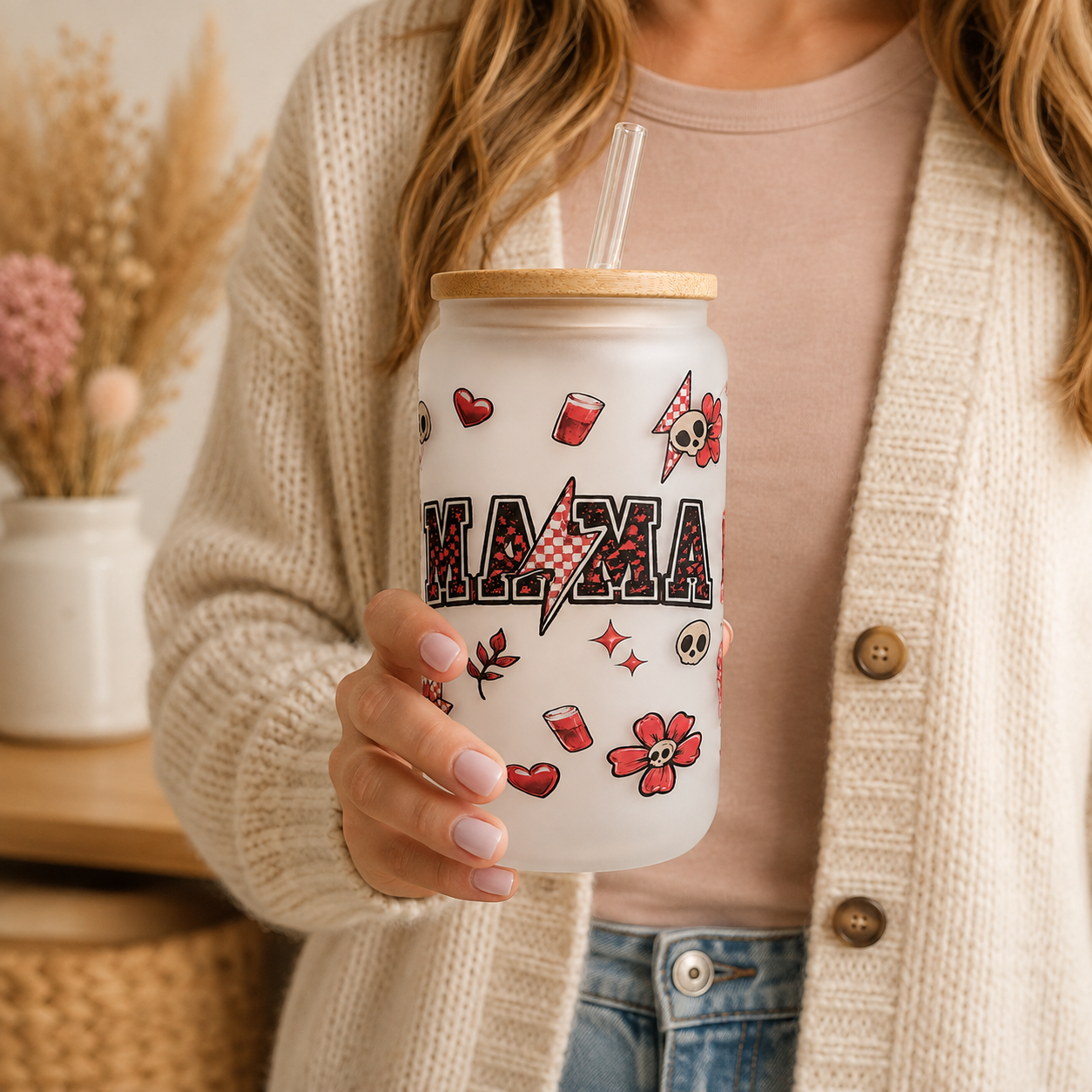 Mama Frosted Glass Tumbler with Bamboo Lid & Straw - Red Skull Flower Design - Cute Mom Gift - 16 oz Can Glass Cup