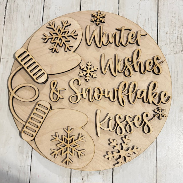 Winter Wishes & Snowflake Kisses | DIY Layered Wood Round Sign Kit | Winter Craft Decor | Laser Cut Wood Blanks
