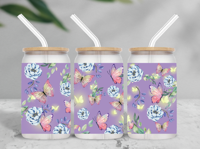 Purple Floral Butterfly 16 oz Frosted Glass