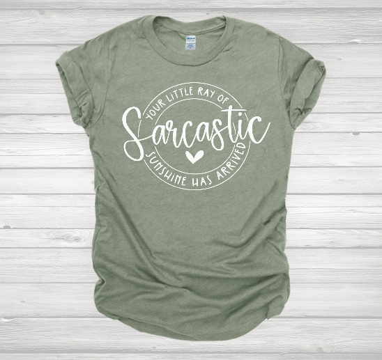 Front view of the Sarcastic Ray of Sunshine t-shirt featuring a humorous design on a softstyle Gildan tee.
