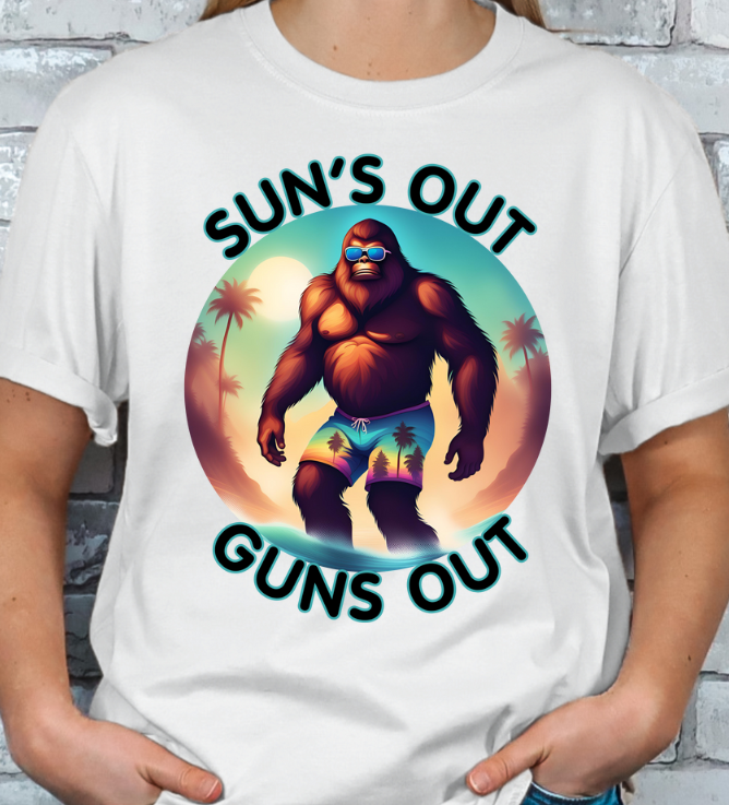 Sun's out Guns out Sasquatch Beach Unisex T-shirt