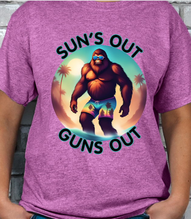 Sun's out Guns out Sasquatch Beach Unisex T-shirt