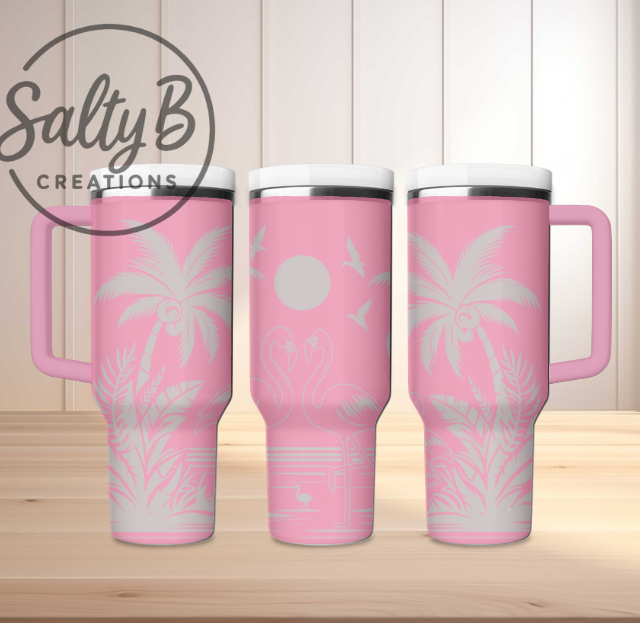 Tropical Island Flamingos Laser Engraved Tumbler