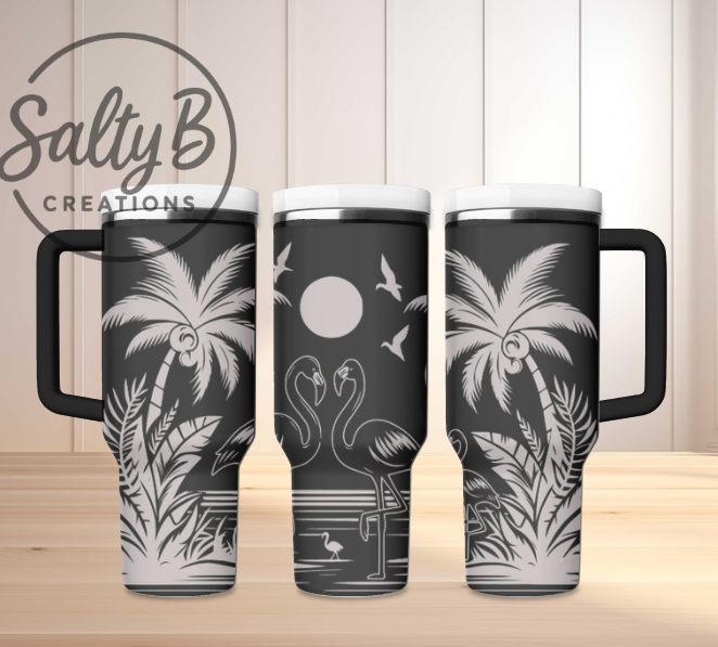 Tropical Island Flamingos Laser Engraved Tumbler