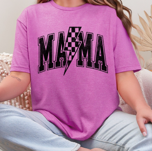 Mama Distressed Checkered Lightening Bolt T-shirt