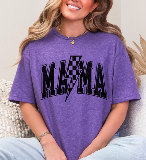 Mama Distressed Checkered Lightening Bolt T-shirt