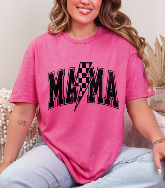 Mama Distressed Checkered Lightening Bolt T-shirt