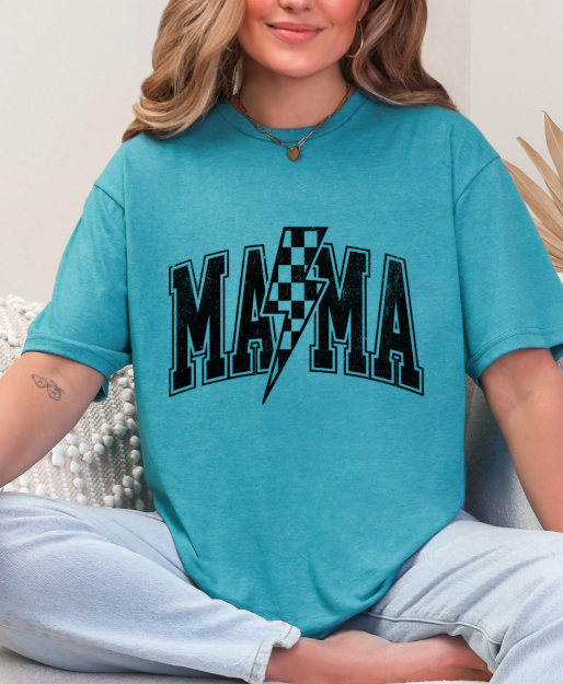 Mama Distressed Checkered Lightening Bolt T-shirt