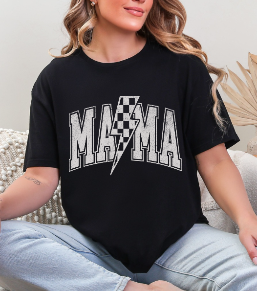 Mama Distressed Checkered Lightening Bolt T-shirt