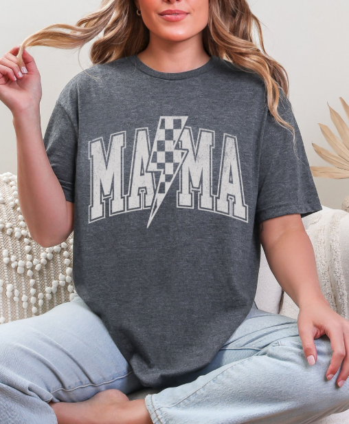 Mama Distressed Checkered Lightening Bolt T-shirt