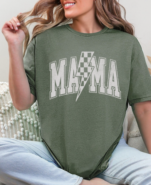 Mama Distressed Checkered Lightening Bolt T-shirt