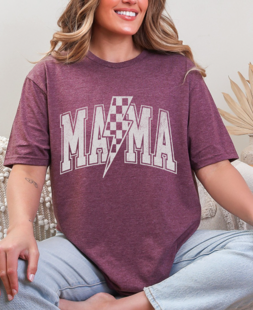 Mama Distressed Checkered Lightening Bolt T-shirt