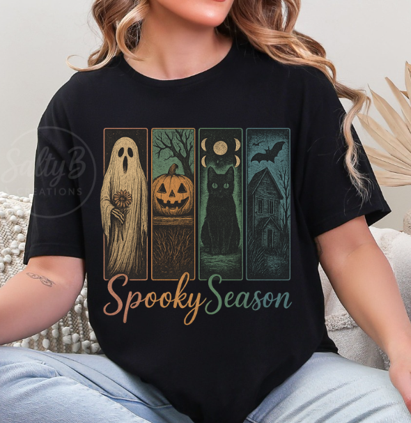 Spooky Season Halloween T-Shirt – Vintage Ghost, Pumpkin, Cat & Haunted House Tee