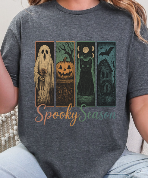 Spooky Season Halloween T-Shirt – Vintage Ghost, Pumpkin, Cat & Haunted House Tee