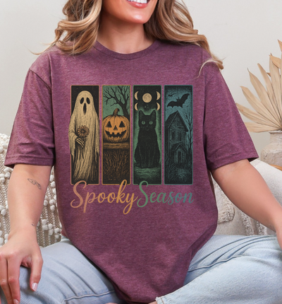 Spooky Season Halloween T-Shirt – Vintage Ghost, Pumpkin, Cat & Haunted House Tee