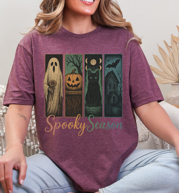 Spooky Season Halloween T-Shirt – Vintage Ghost, Pumpkin, Cat & Haunted House Tee