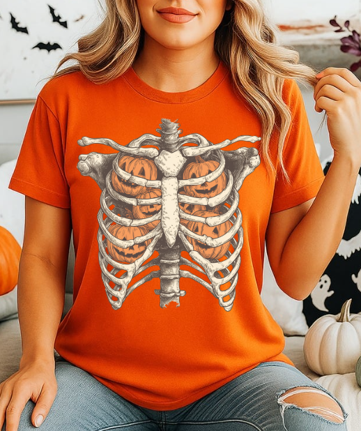 Pumpkin Rib Cage Halloween Unisex Softstyle T-Shirt – Spooky Skeleton Graphic Tee