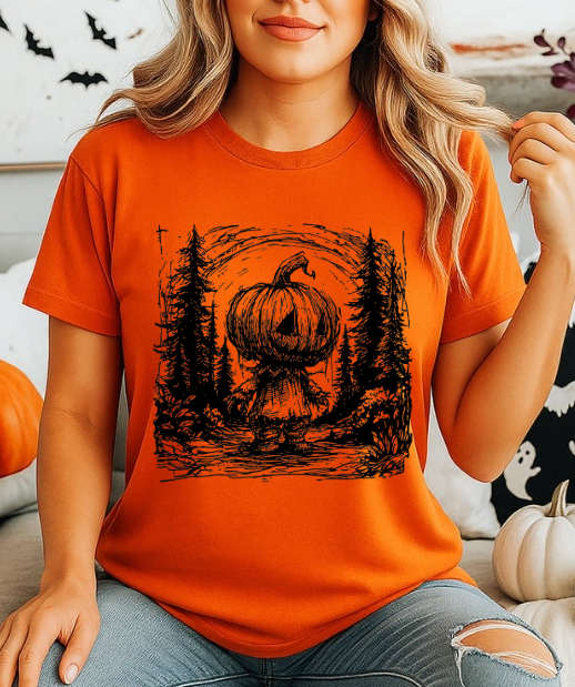 Pumpkin Head Forest Scene Unisex Softstyle T-Shirt – Spooky Halloween Graphic Tee
