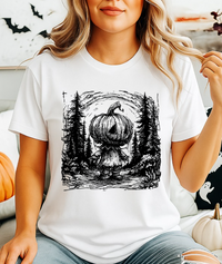 Pumpkin Head Forest Scene Unisex Softstyle T-Shirt – Spooky Halloween Graphic Tee