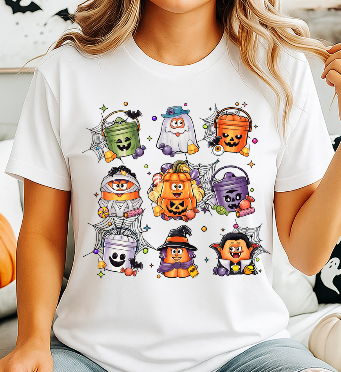 Cute Halloween Candy Bucket Characters Unisex Softstyle T-Shirt – Fun Spooky Season Graphic Tee