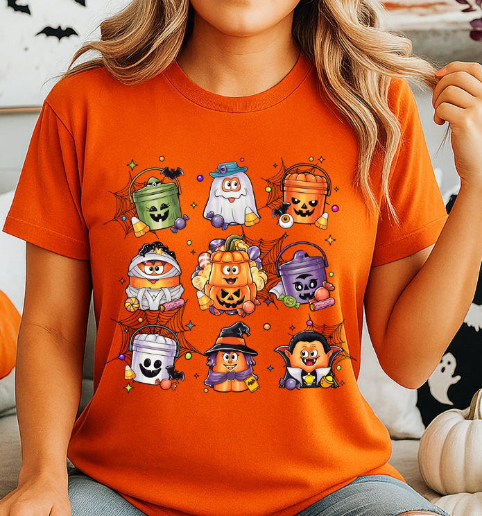 Cute Halloween Candy Bucket Characters Unisex Softstyle T-Shirt – Fun Spooky Season Graphic Tee