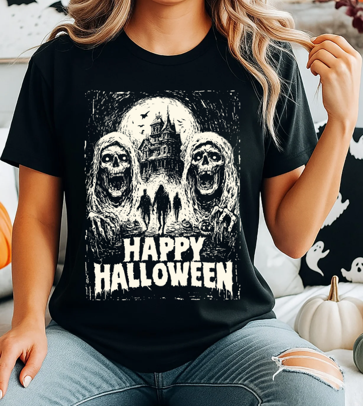 Happy Halloween Haunted House Unisex Softstyle T-Shirt – Spooky Skull Graphic Tee