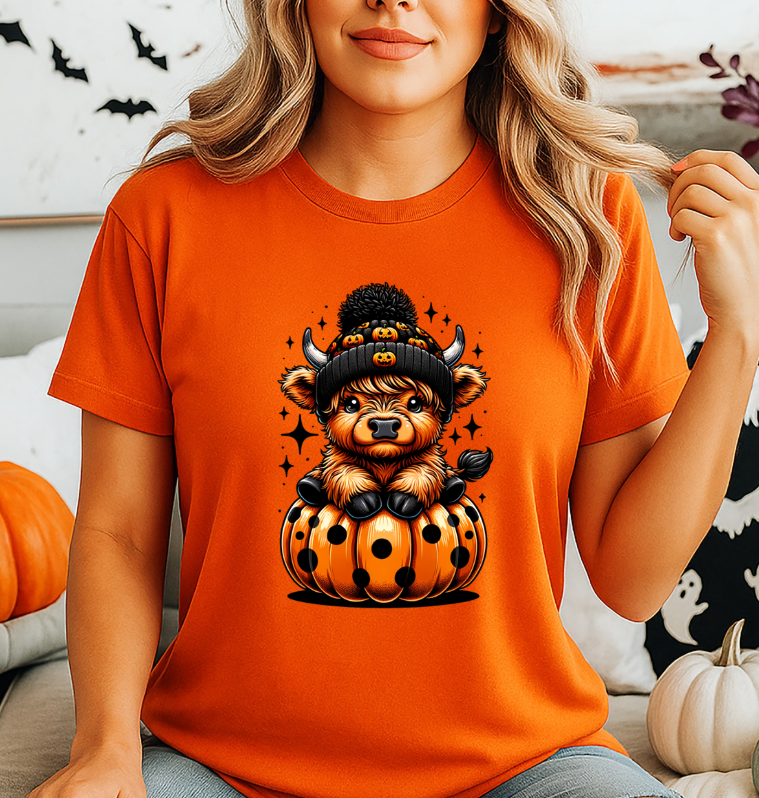 Highland Cow in Pumpkin Halloween Unisex Softstyle T-Shirt – Cute Fall Graphic Tee