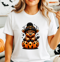 Highland Cow in Pumpkin Halloween Unisex Softstyle T-Shirt – Cute Fall Graphic Tee