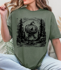 Pumpkin Head Forest Scene Unisex Softstyle T-Shirt – Spooky Halloween Graphic Tee