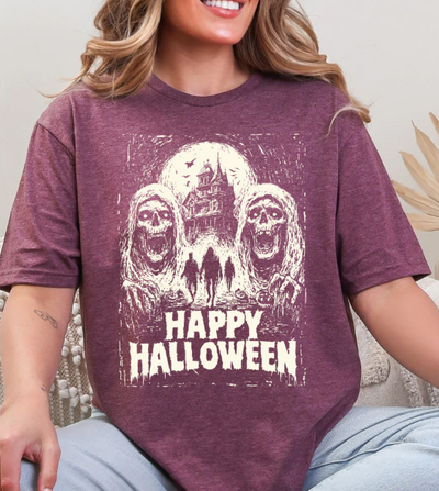 Happy Halloween Haunted House Unisex Softstyle T-Shirt – Spooky Skull Graphic Tee