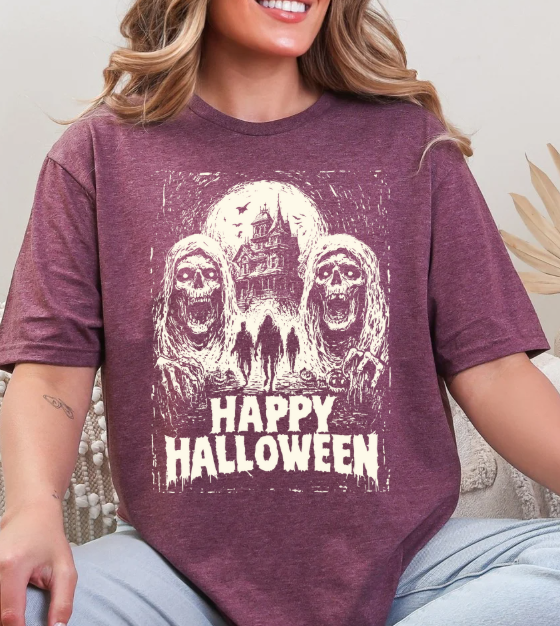 Happy Halloween Haunted House Unisex Softstyle T-Shirt – Spooky Skull Graphic Tee