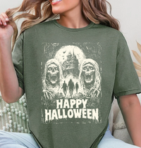 Happy Halloween Haunted House Unisex Softstyle T-Shirt – Spooky Skull Graphic Tee
