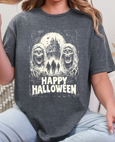 Happy Halloween Haunted House Unisex Softstyle T-Shirt – Spooky Skull Graphic Tee