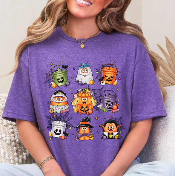 Cute Halloween Candy Bucket Characters Unisex Softstyle T-Shirt – Fun Spooky Season Graphic Tee
