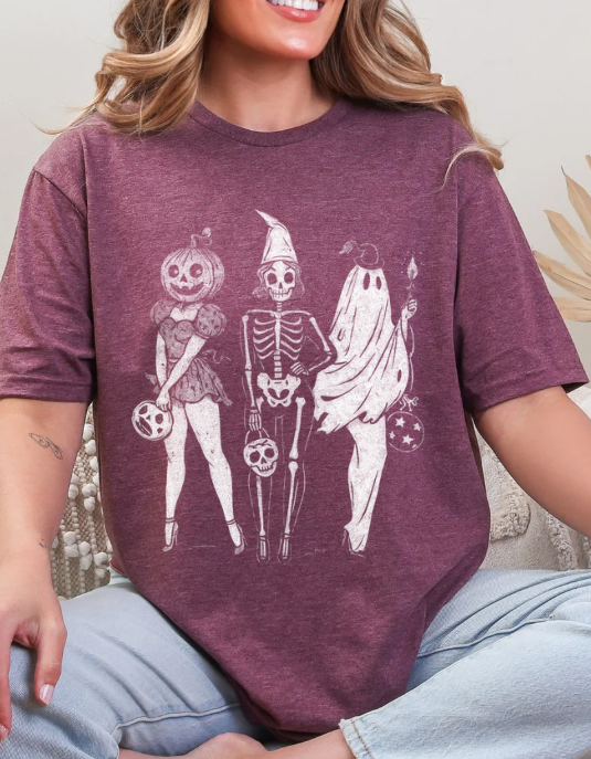Vintage Halloween Trio Graphic Tee – Pumpkin, Skeleton & Ghost | Unisex Softstyle