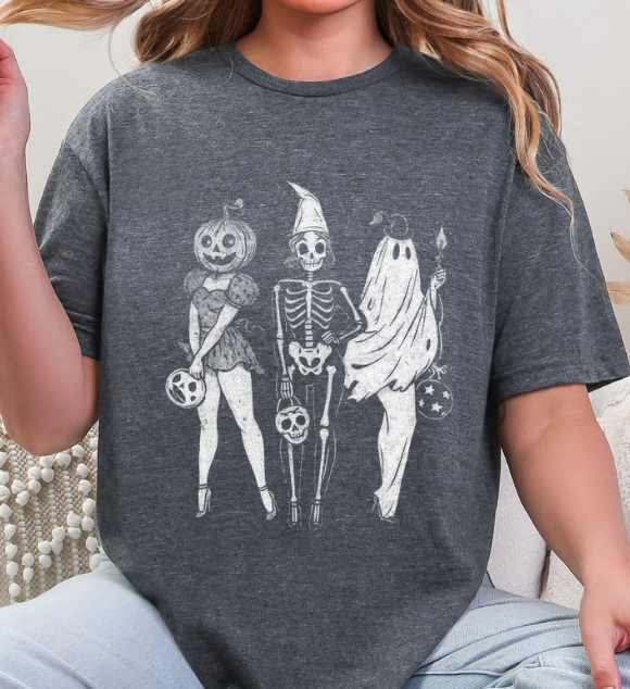 Vintage Halloween Trio Graphic Tee – Pumpkin, Skeleton & Ghost | Unisex Softstyle
