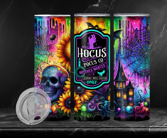 Hocus Pocus Halloween Tumbler – 20oz Stainless Steel, Neon Gothic Witch Skull & Spooky Castle