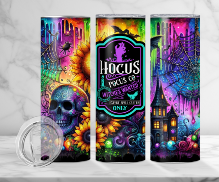 Hocus Pocus Halloween Tumbler – 20oz Stainless Steel, Neon Gothic Witch Skull & Spooky Castle