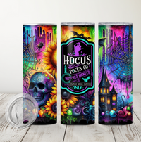 Hocus Pocus Halloween Tumbler – 20oz Stainless Steel, Neon Gothic Witch Skull & Spooky Castle