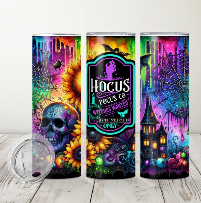 Hocus Pocus Halloween Tumbler – 20oz Stainless Steel, Neon Gothic Witch Skull & Spooky Castle