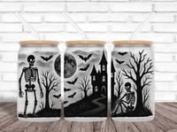 Gothic Skeleton & Haunted House Glass Can Tumbler | Frosted 16oz Halloween Cup