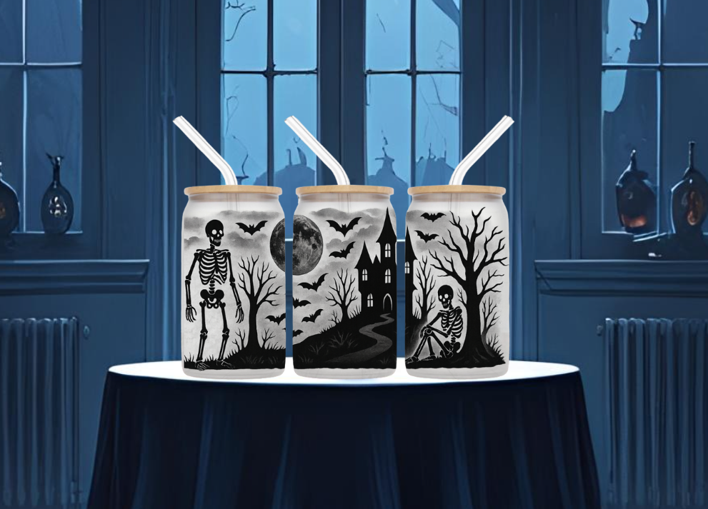Gothic Skeleton & Haunted House Glass Can Tumbler | Frosted 16oz Halloween Cup