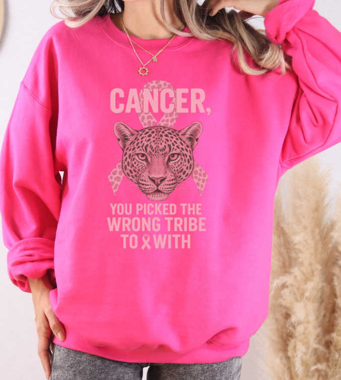 Wrong Tribe Pink Ribbon Leopard Sweatshirt | Breast Cancer Awareness Sweatshirt