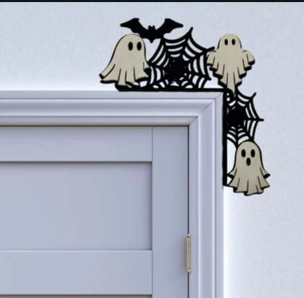 Ghost Door Topper with Spider Webs & Bat – Halloween Wooden Door Frame Décor | Spooky Gothic Decoration