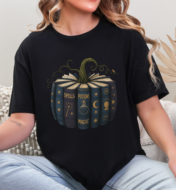 Witchy Pumpkin Book Graphic Tee | Spells Potions Magic T-Shirt | Fall Halloween Witchcore Shirt