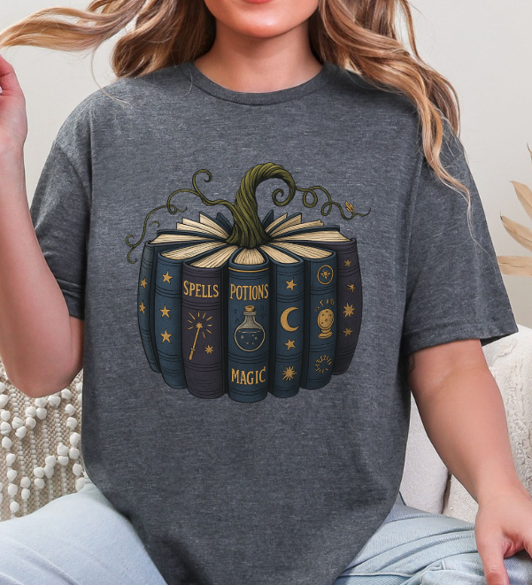 Witchy Pumpkin Book Graphic Tee | Spells Potions Magic T-Shirt | Fall Halloween Witchcore Shirt